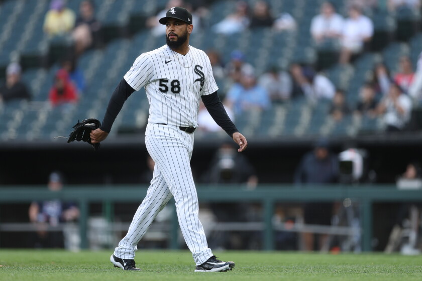 Seranthony Domínguez leaves the game against the Tampa Bay Rays during the ninth inning at Rate Field on Thursday.