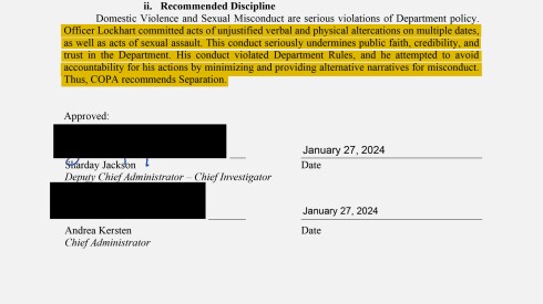 A highlighted and redacted document from the city o Chicago’s Civilian Office of Police Accountability’s report on Chrisopher Lockhart.