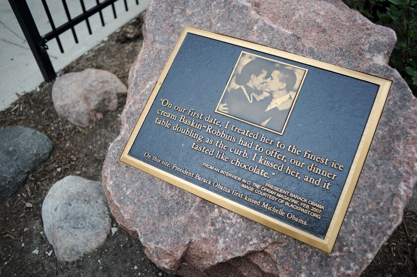 A monument marking the location of the first kiss between President Barack Obama and first lady Michelle Obama, located on the corner of 53rd Street and Dorchester Avenue. The kiss took place in 1989 when the president treated the first lady to ice cream