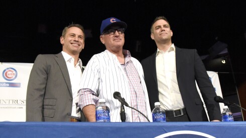 Joe Maddon, center, is introduced as the Cubs new manager with Cubs President Theo Epstein, right, and General Manager Jed Hoyer on Nov. 3, 2014.