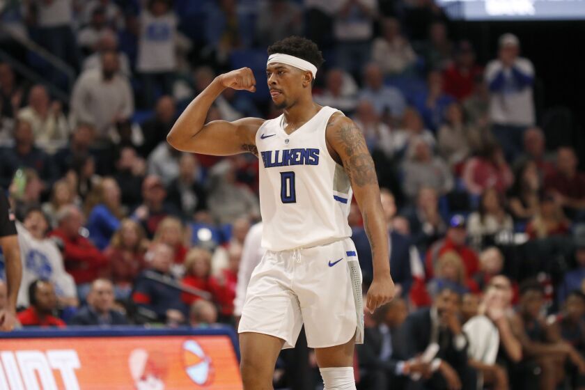 Saint Louis’ Jordan Goodwin celebrates during the second half of an NCAA college basketball game against Dayton Friday, Jan. 17, 2020.