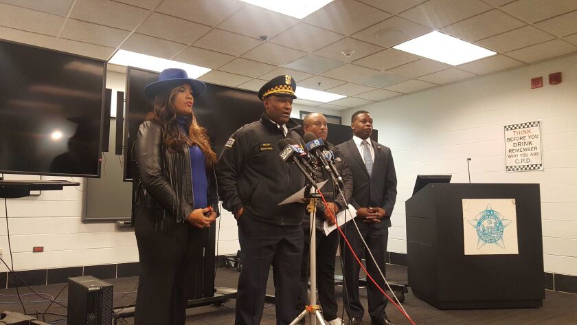 Chicago Police Chief of Patrol Fred Waller and Ald. Stephanie Coleman (16th) speak at a press conference about a mass shooting that wounded 13 Dec. 22, 2019, in the 5700 block of South May Street.