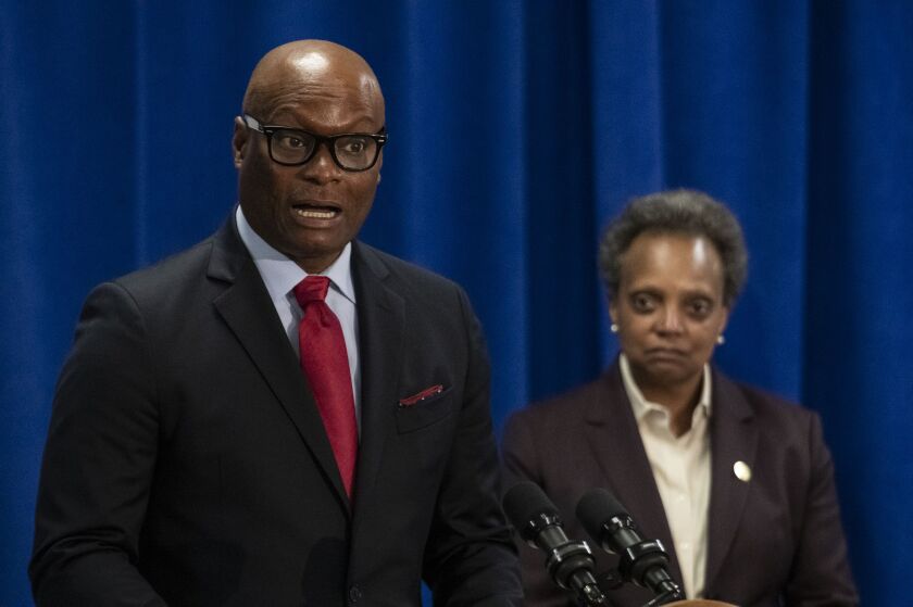 David Brown is introduced by Mayor Lori Lightfoot in April 2020 as her choice to lead the Chicago Police Department.