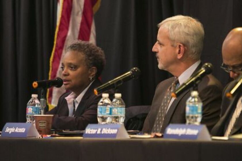 Lori Lightfoot, left, president of the Chicago Police Board, speaks during the Chicago Police Accountability Task Force’s first community forum, held at Mt. Vernon Baptist Church on Feb. 2. | Ashlee Rezin / Sun-Times