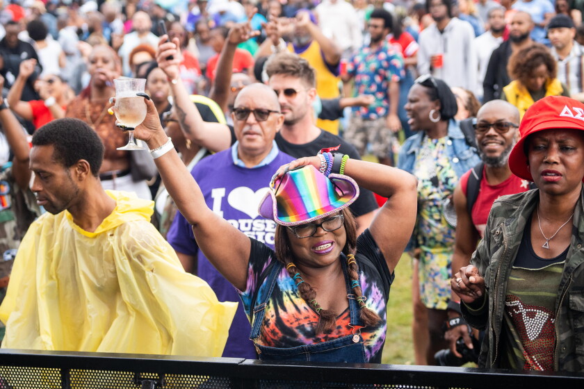 The crowd dances during the Chosen Few Picnic at Jackson Park in the Woodlawn neighborhood, Saturday, July 8, 2023. The Chosen Few Picnic, now one of the biggest House Music festivals in the country, was born out of a group of South Side DJs called “The Chosen Few Disco, Corp.” who played in basements and eventually gathered with family and friends for a reunion that turned into a yearly festival.