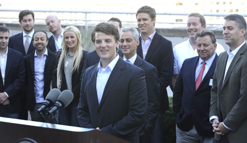 Grubhub founder Matt Maloney at an event with then-Mayor Rahm Emanuel in 2012.
