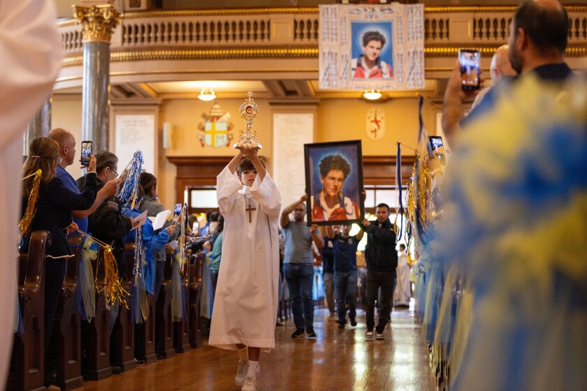 The Mass procession begins at St. Hedwig Church in Bucktown, Sunday Sept. 7, 2025.