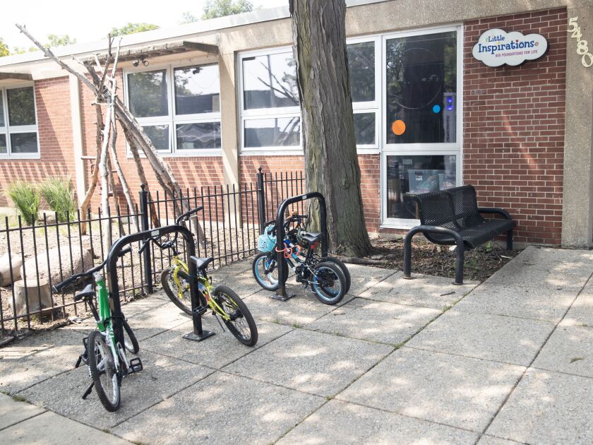 Children’s bikes sit in racks outside Little Inspirations Child Care Center in Hyde Park in Chicago.