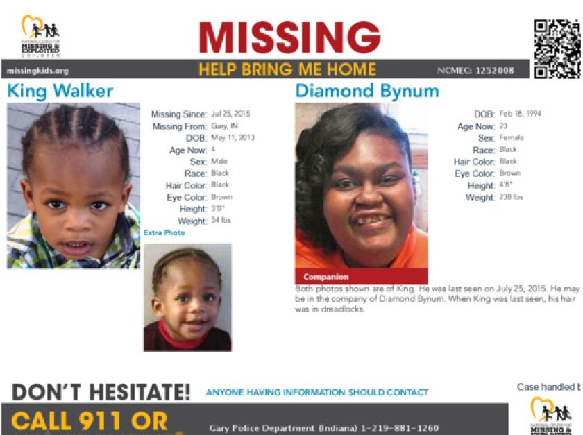 A flyer from the Indiana Center for Missing and Exploited Children includes an age-progressed image of King Walker, who would now be 4-years-old. | Indiana State Police
