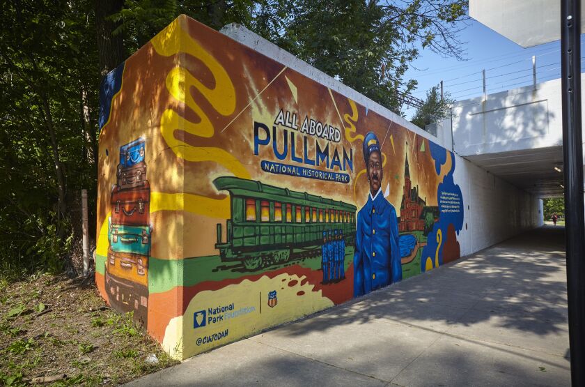 Artist Joe “CUJODAH” Nelson’s mural in Pullman honors the Pullman porters.