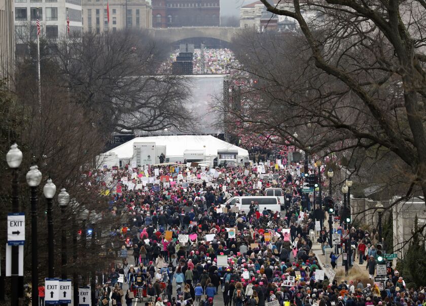 A crowd fills Independence Avenue during the Women’s March on Washington on Saturday. Thousands of women massed in the nation’s capital and cities around the globe to send Donald Trump an emphatic message that they won’t let his agenda go unchallenged ove