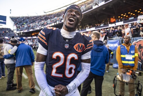 Bears cornerback Nahshon Wright celebrates as he walks off the field after the Bears beat the Pittsburgh Steelers 31-28 at Soldier Field on Sunday, Nov. 23, 2025.