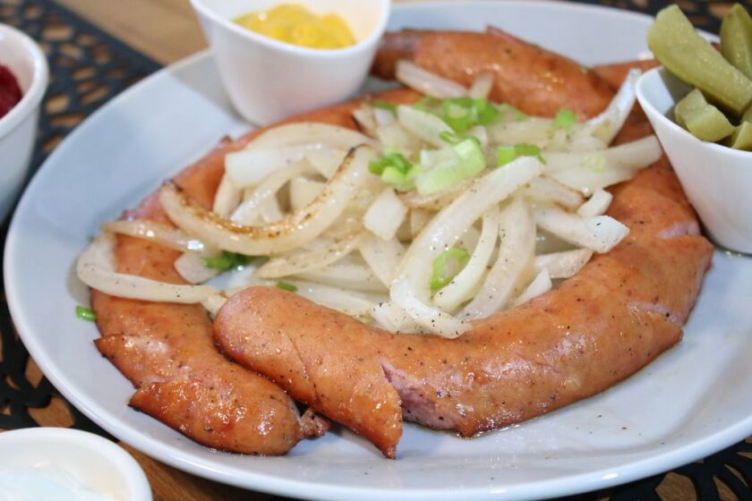 Polish sausage and onions served at Ewa’s Pierogi in Glenview.