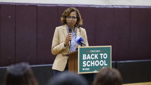 Dr. Macquline King, superintendent and CEO of Chicago Public Schools, speaks to students on the first day of school at Madero Middle School at 3202 W. 28th St. in Little Village, Monday, Aug. 24, 2026.