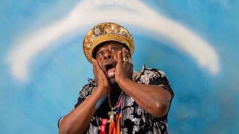 George Clinton stands in front of his painting, “In the Daytime, Bobba!,” which is part of his exhibit, “Mothership” at the Mariane Ibrahim gallery in West Town, Saturday, July 25, 2026.