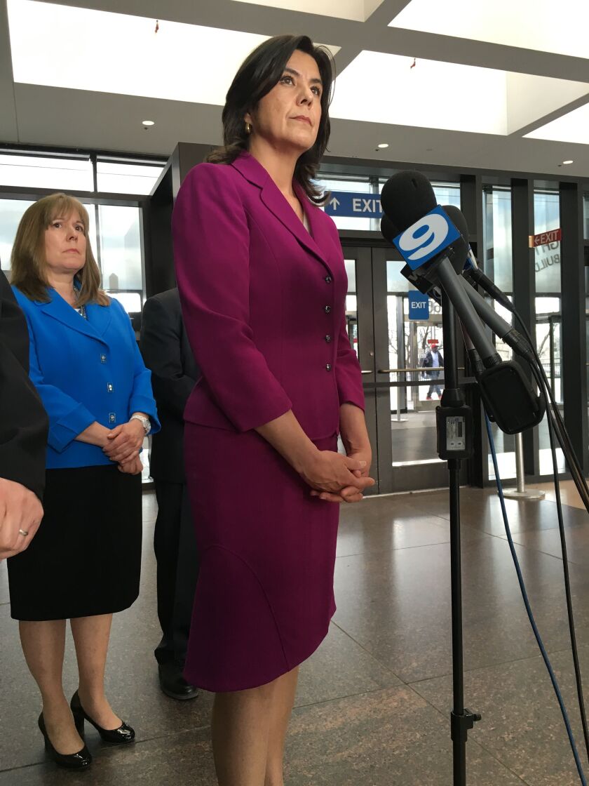 Cook County State’s Attorney Anita Alvarez talks to reporters after Reginald Potts Jr. was sentenced. | Rummana Hussain/Sun-Times
