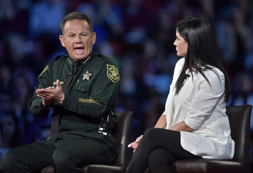 Broward Sheriff Scott Israel makes a point to NRA spokeswoman Dana Loesch during a CNN town hall meeting, on Wednesday, Feb. 21, 2018, at the BB&T Center, in Sunrise, Florida. | Michael Laughlin/South Florida Sun-Sentinel via AP