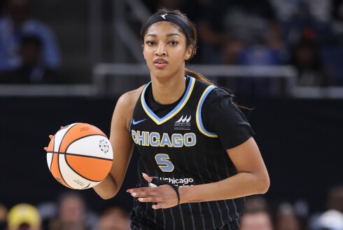 Sky forward Angel Reese dribbles up the court against the Las Vegas Aces at Wintrust Arena on August 25, 2025.
