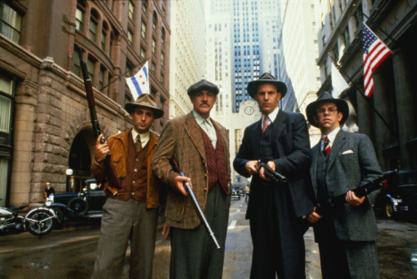 Andy Garcia (from left), Sean Connery, Kevin Costner and Charles Martin Smith in “The Untouchables.” The 1987 film, shot on location in Chicago, earned Connery a best supporting actor Oscar.