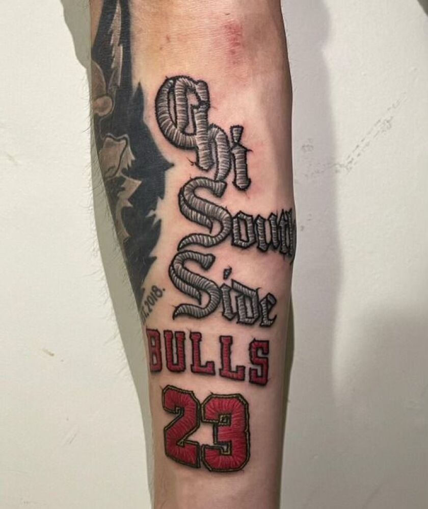 Cheyenne Enderson’s long-time boyfriend has provided a canvas for her work from her apprenticeship until now. His forearm features her Chicago sports-inspired patches.