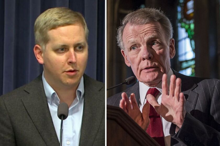 State Rep. Tom Demmer, R-Dixon, left; State House Speaker Michael Madigan, left.