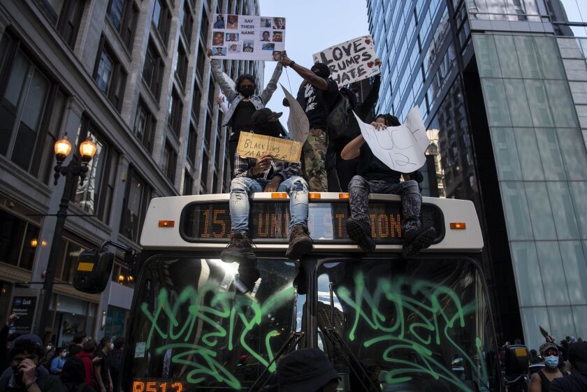 Thousands protested in Chicago’s downtown area demanding justice for the death of George Floyd by Minneapolis police, Saturday, May 30, 2020. 