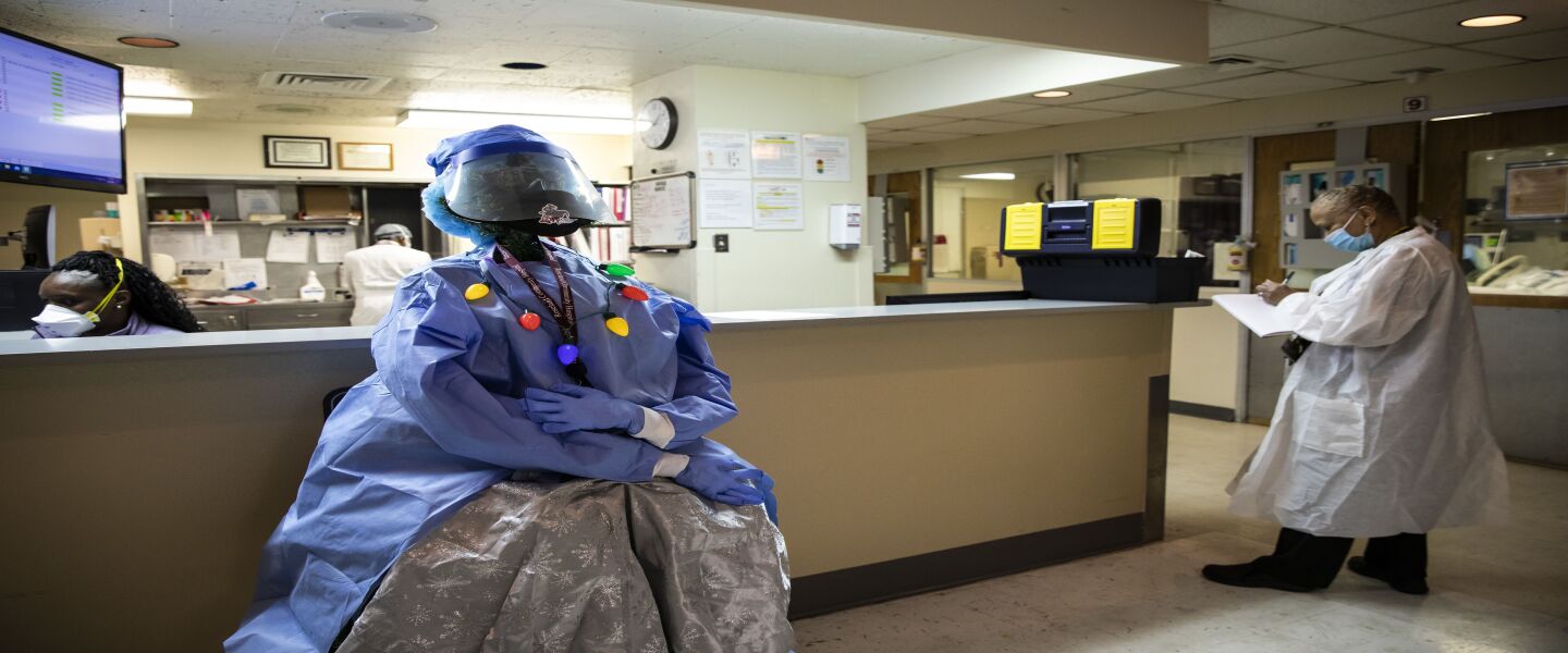 A Christmas tree decorated with personal protective equipment greets patients and health care workers as they enter the Intensive Care Unit at Roseland Community Hospital on the Far South Side, Tuesday afternoon, Dec. 8, 2020.