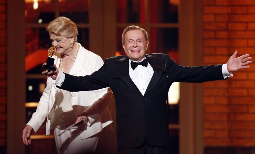 Jerry Herman accepts his Special Tony Award for Lifetime Achievement in the Theater from Angela Lansbury at the 63rd Annual Tony Awards in New York in 2009.