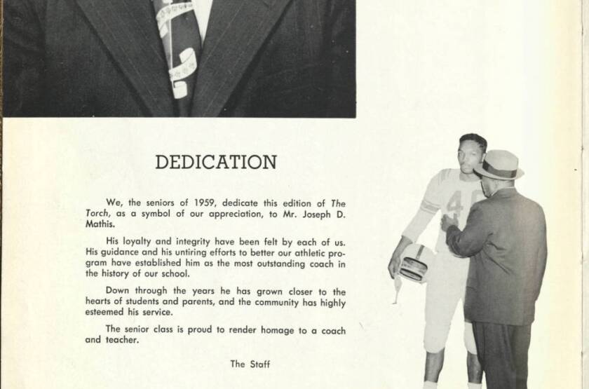 A photo from the Rev. Jesse Jackson's high school yearbook showing him in his football gear with his coach.