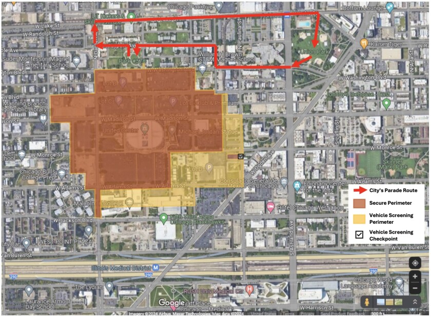 A satellite image of the roads in Chicago on which the DNC protest route lies, with overlays and a map key.