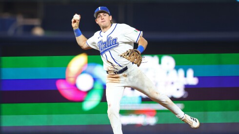 Sam Antonacci of Team Italy makes a play at shortstop during the World Baseball Classic at loanDepot park on March 16, 2026 in Miami, Florida.