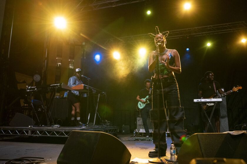 Jamila Woods performs at the Blue Stage at Pitchfork Music Festival at Union Park, Saturday, Sept. 11, 2021.