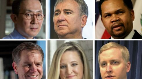 Top row, left to right, attorney general candidate Steve Kim, hedge fund founder Ken Griffin, gubernatorial candidate Richard Irvin; Bottom row, left to right, secretary of state candidate John Milhiser, comptroller candidate Shannon Teresi and treasurer candidate Tom Demmer.