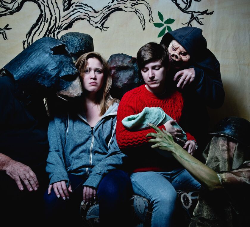 Beau O’Reilly (from left), Patrick Ford, Bethany Arrington, Emily Rich, Barry Lohman and Julia William star in “Skriker,” part of the 30th annual Rhinoceros Theater Festival. | Jeffrey Givens