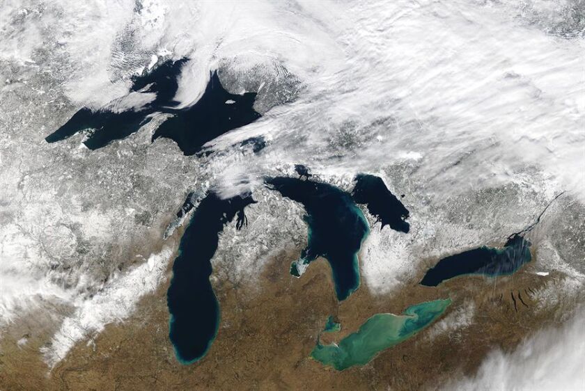 This MODIS satellite image from February 12 shows below-average ice cover for this time of year on the Great Lakes. Credit: NOAA GLERL / NOAA Great Lakes CoastWatch Node