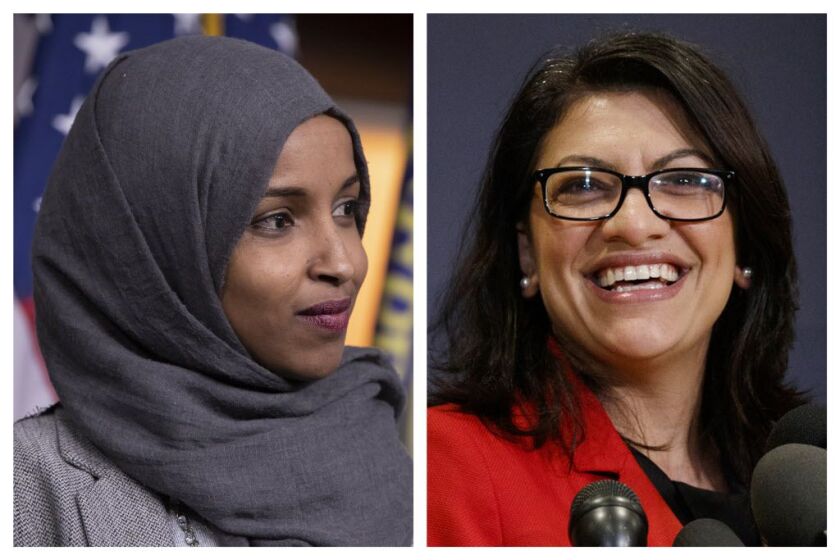 Ilhan Omar, D-Minn., left, and Rashida Tlaib, D-Mich. were the first and only Muslim women elected to Congress in 2018. | AP