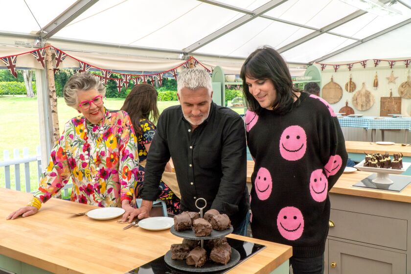 Co-hosts/judges Prue Leith (from left) and Paul Hollywood and presenter Noel Fielding appear on “The Great British Baking Show.” 