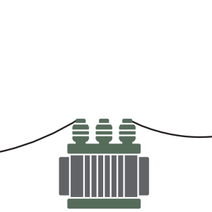 An illustration of a large electrical transformer with cables stretching past the left and right edges of the image.
