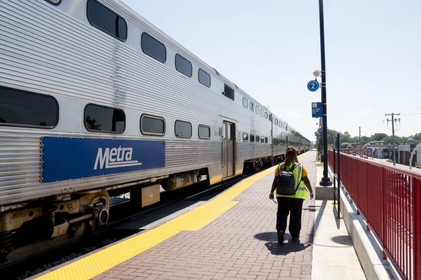 A Metra train arrives at the Grayland Station in Irving Park on Aug. 14, 2025.