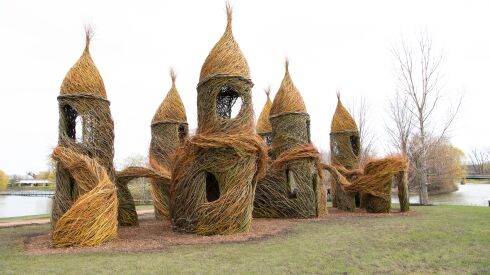 “The Rookery” by Patrick Dougherty, is among the works commissioned by the Chicago Botanic Garden for “Flourish: The Garden at 50.”