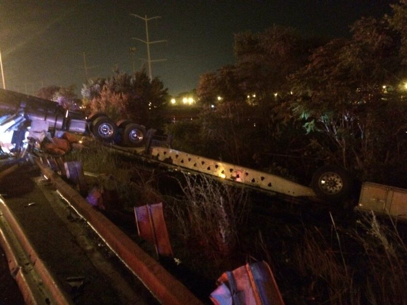 The inbound Chicago Skyway was closed early Thursday after a semi-tractor overturned and started leaking fuel near 80th Street. | Fire Media Affairs