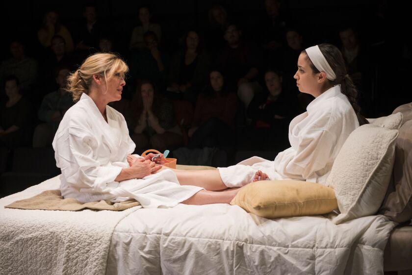 Lia Mortensen (left) and Hayley Burgess play a mother and daughter in “The Mystery of Love & Sex.” | Photo: Michael Brosilow
