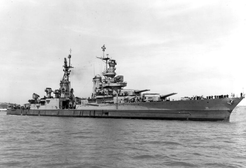USS Indianapolis is shown off the Mare Island Navy Yard, in Northern California, after her final overhaul and repair of combat damage. | U.S. Navy via AP