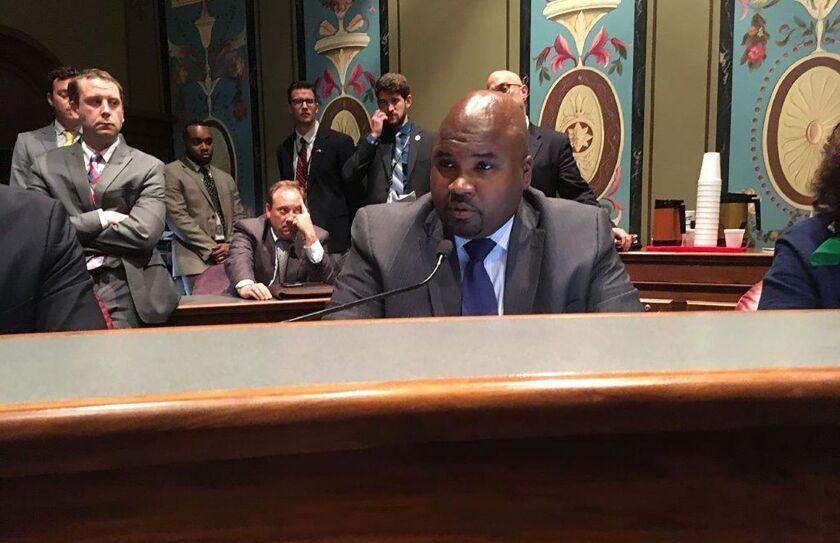 State Sen. Elgie Sims, D-Chicago, speaks at a committee hearing in 2018.