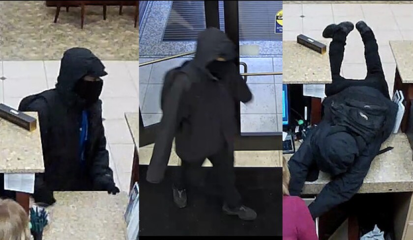 Surveillance images of the suspect in an Oct. 31 robbery at the Gurnee Community Bank branch at 675 N. O’Plaine Road in Gurnee. | Gurnee police
