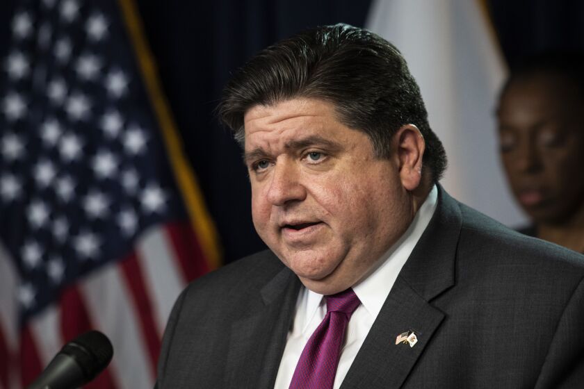 Illinois Gov. J.B. Pritzker speaks at the Thompson Center in Chicago during the daily update on the state’s response to the coronavirus pandemic, Monday, March 30, 2020.