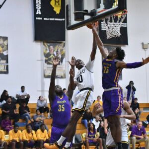 Marian Catholic’s Breion Hill (30) makes two points over Waukegan’s Bryant Brown (25). Worsom Robinson/For the Sun-Times.