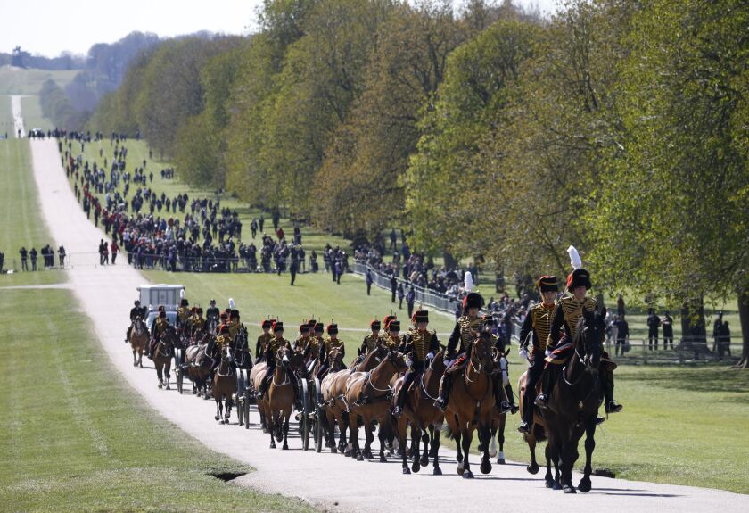 Officers of The King’s Troop Royal Horse Artillery arrive for the Gun Salute for the funeral of Britain’s Prince Philip at Windsor Castle in Windsor, England Saturday, April 17, 2021.