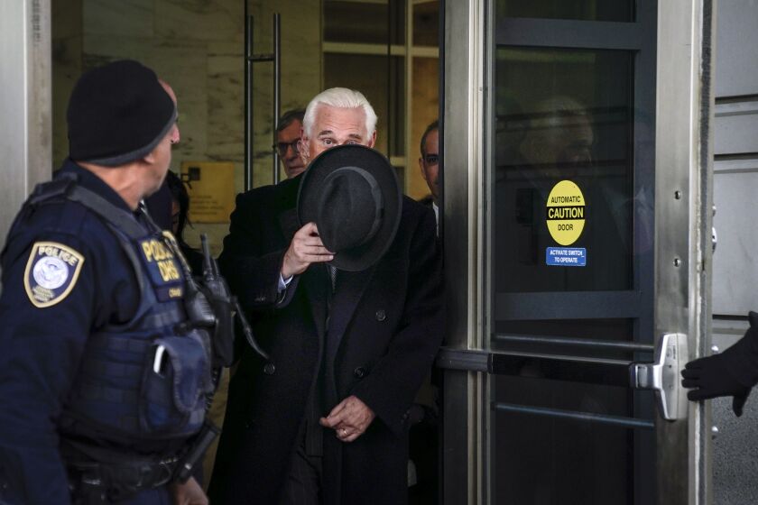 Roger Stone, former adviser to U.S. President Donald Trump, exits the E. Barrett Prettyman United States Courthouse Thursday.