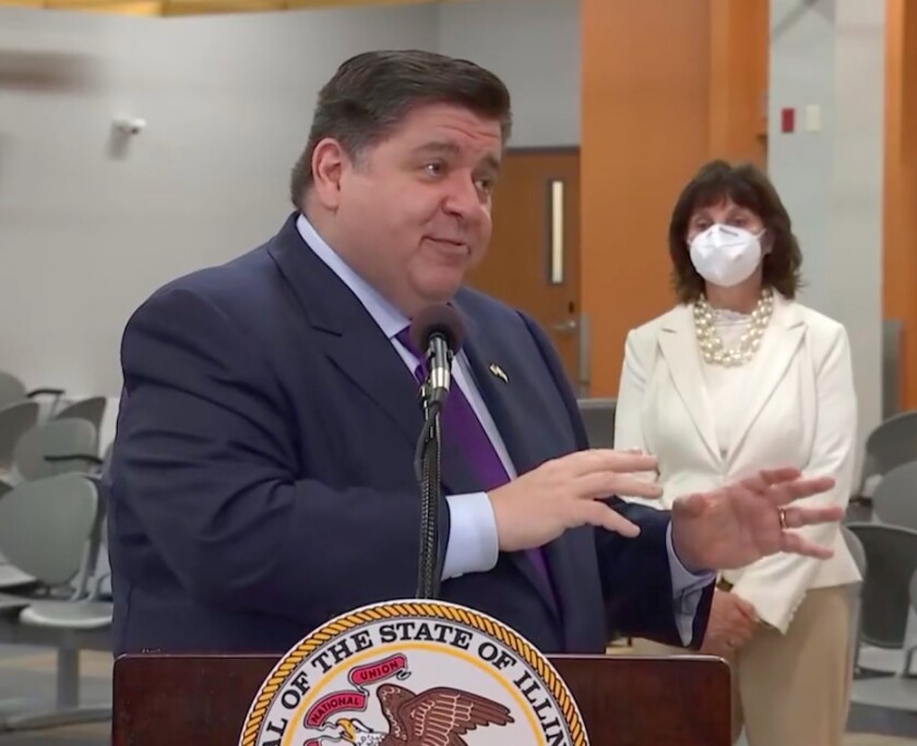 Gov. J.B. Pritzker speaks Wednesday at a vaccination site in Decatur.